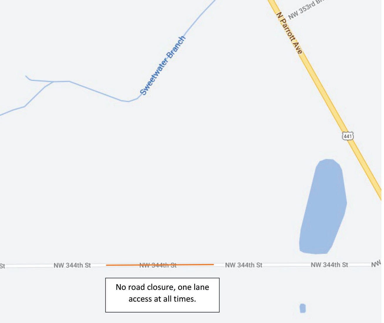 This map shows the area of the one lane access to N.W. 342nd Trail